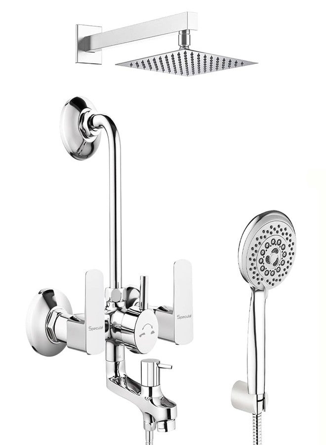 Specule Cube Series, Brass Wall Mixer for Bathroom 3 in 1 with Overhead Shower Set | Mist Hand Shower Set with 1.5 Meter Hand Shower Pipe | Wall Mixer | Shower Set (Chrome) - Image 1